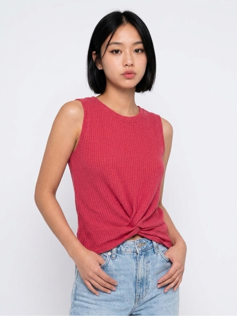 MIHOLL Pink Waffle Knit Sleeveless Twist Front Tank Top M